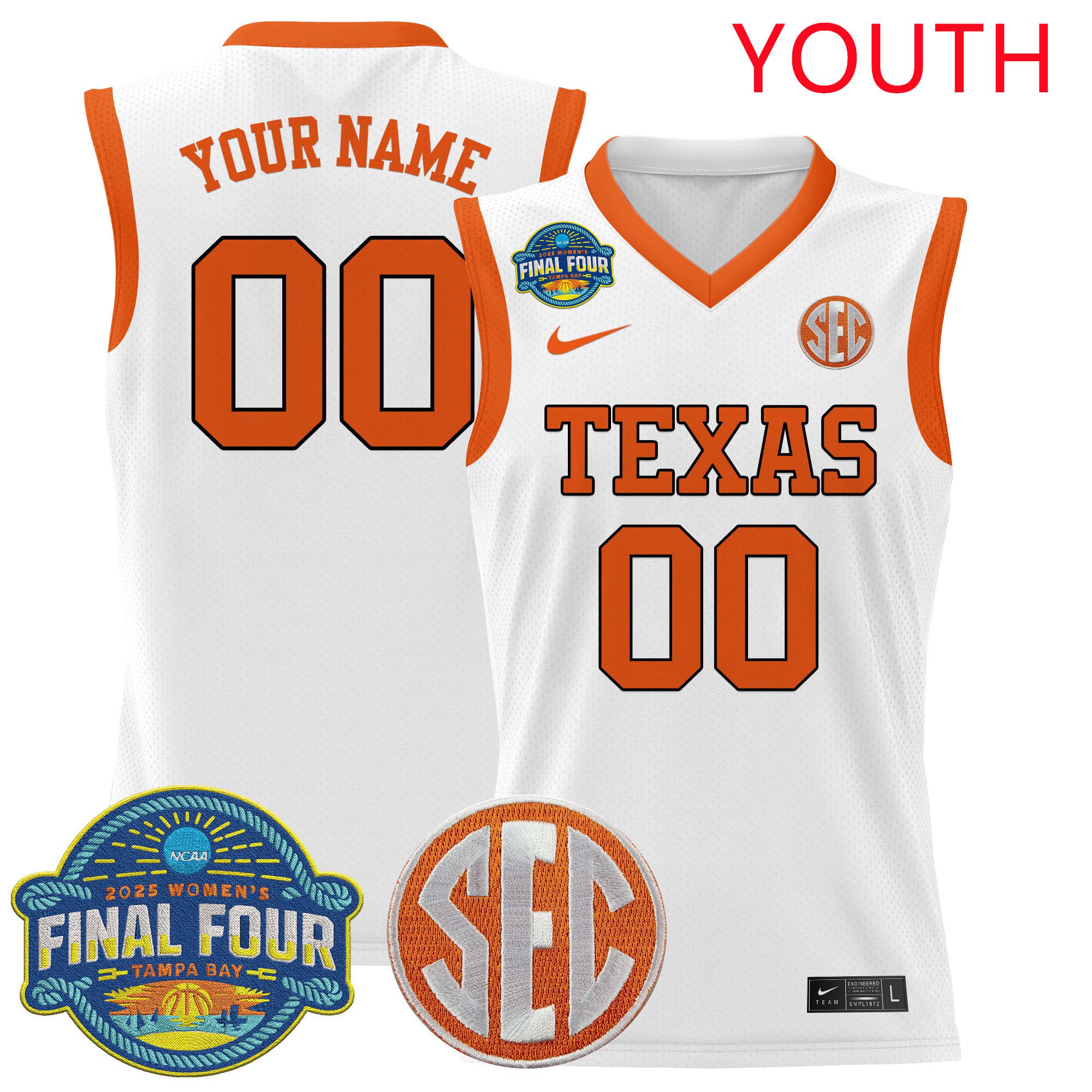 Youth Texas Longhorns White 2025 Nike Final Four Patch Lightweight Basketball Custom NCAA Jersey->customized ncaa jersey->Custom Jersey
